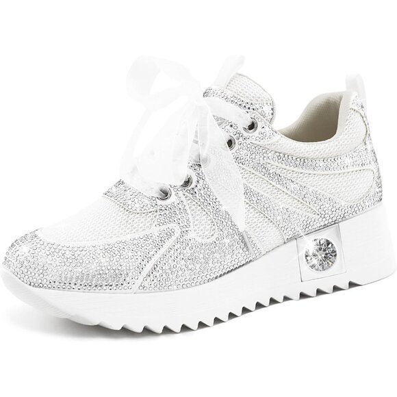 ⚡Women's White With Mesh Glitter Sneaker Platform Wedge Sparkly Rhinestone - Picture 1 of 6